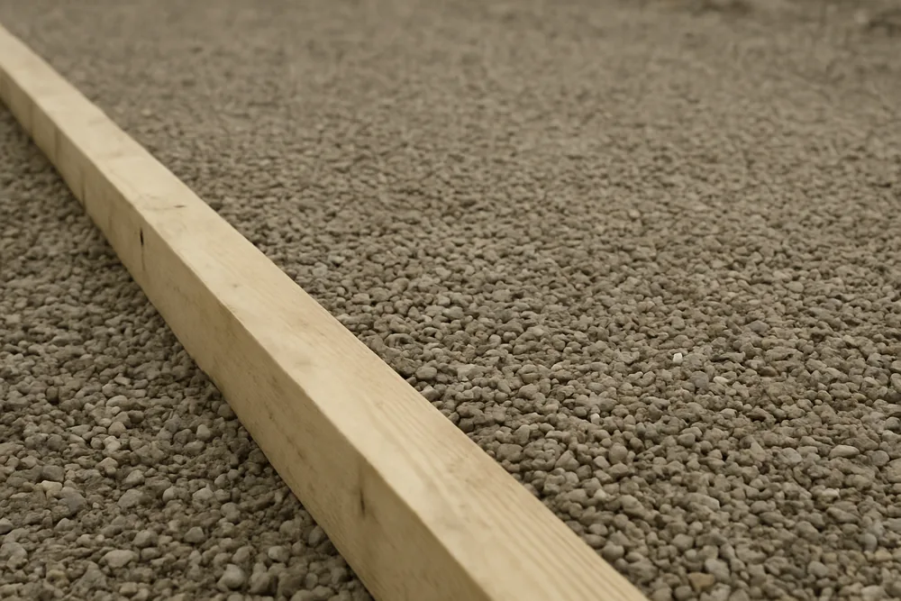 A level strip of compacted gravel bounded by a plain timber plank — block wall, Bowling Green. Illustrative example.